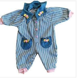 Vintage 90s Denim Hickory Stripe Romper Coastal Rosette Bow